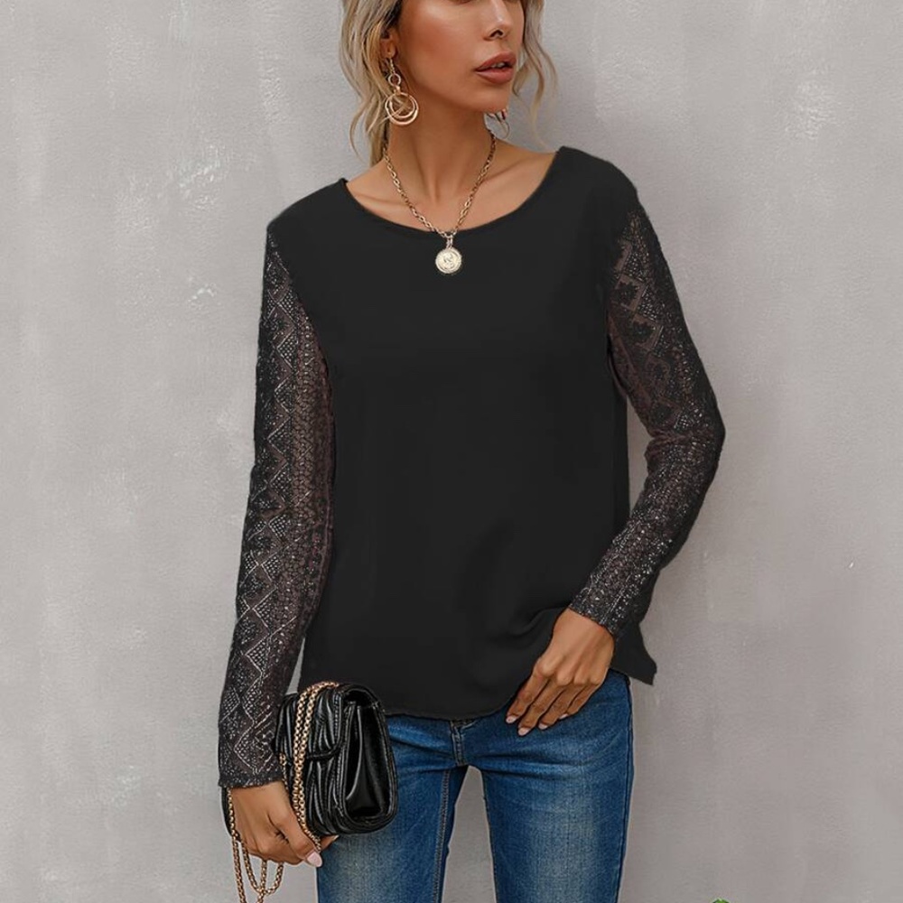 embroidered sheer long sleeve top open bacK black - Picture 9 of 10